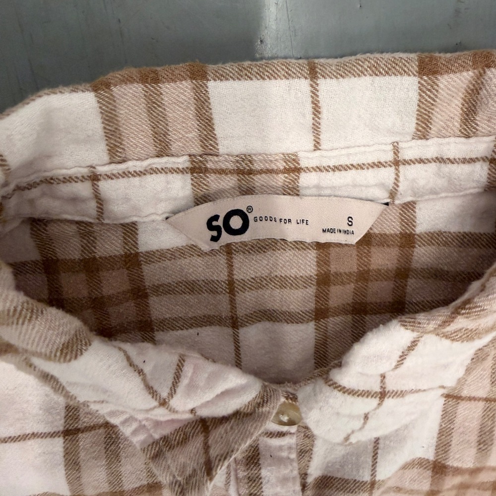 SO Goods For Life Tan White‎ Plaid Flannel Button Down Shirt Womens Small S - Picture 4 of 10